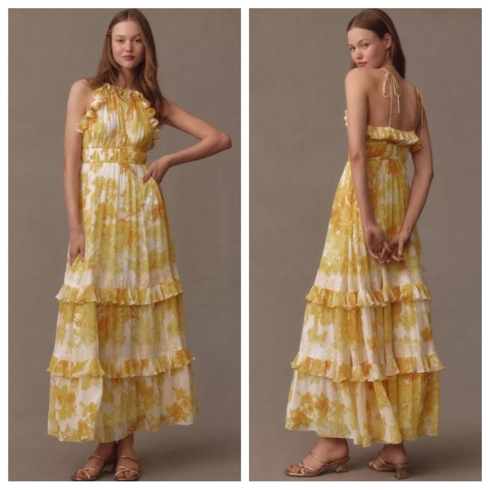 BHLDN Anthropologie Ava Chiffon High-Neck Ruffled Maxi Dress | MEDIUM NWT